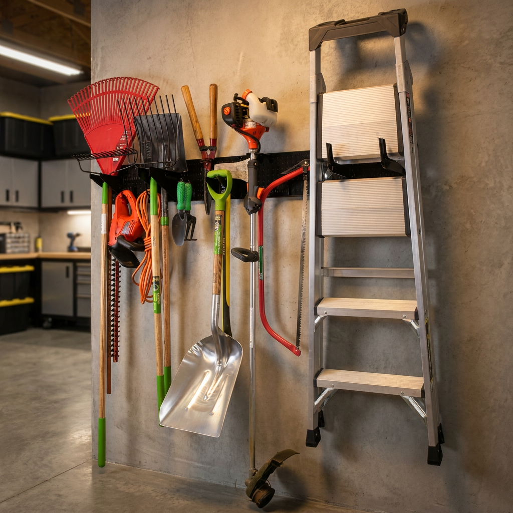 Wall-Mounted Garden Tool Storage Rack with Metal Pegboard