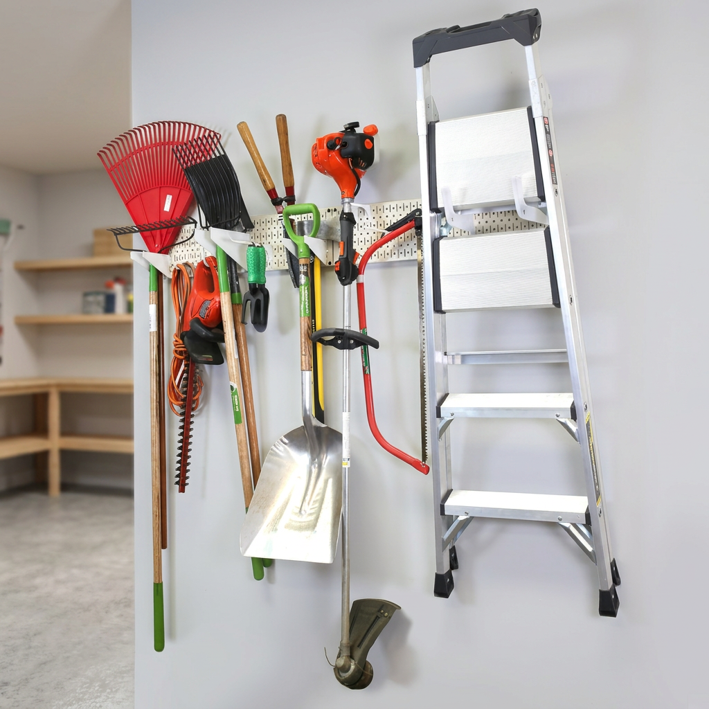 Wall-Mounted Garden Tool Storage Rack with Metal Pegboard