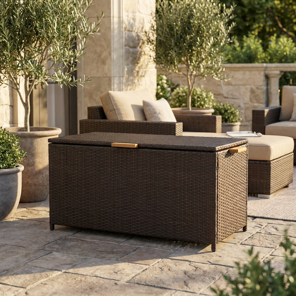 Resin Wicker Outdoor Storage Box with Water-Resistant Liner